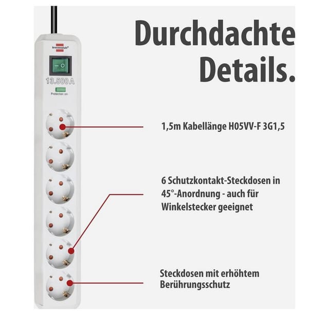 Brennenstuhl - Eco-Line Steckdosenleiste mit 6 Steckdosen und Überspannungsschutz (1,5 m Kabel, beleuchteter Schalter, Überspannungsschutz bis 13.500
