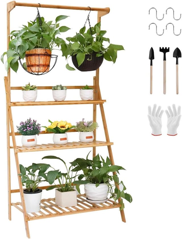 Blumenregal Pflanzentreppe Aus Bambus Für Mehr Pflanzen Und Blumenampel, Blumenständer Klappbar Für Innen-balkon Wohzimmer Outdoor Garten Dekor, Ca.70 X 40 X 96cm, Braun
