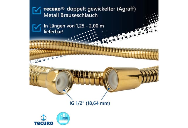 Tecuro - Metall Agraff Brauseschlauch 1,25 m, doppelt gewickelt, hochglanz vergoldet
