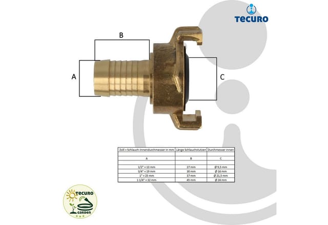 Tecuro - Schnellkupplung mit drehbarem 1 Zoll (25 mm) Schlauchanschluss - Messing blank