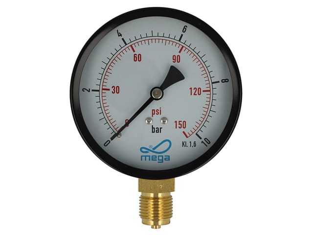 Mega Group - mega Druckmanometer 0 - 10 bar - 1/2 Zoll Anschluss nach unten Radial ø 100 mm