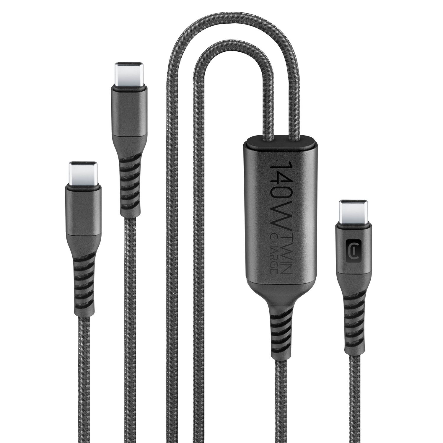 Cellularline Twin Charge Cable Usb-c To Usb-c 150 Cm Langes Geflochtenes Usb-c-kabel Mit Geteilten Doppelanschlüssen Zum Gleichzeitigen Laden Von Zwei Geräten, Mit Bis Zu 140w Bei Einzelgeräteladung.