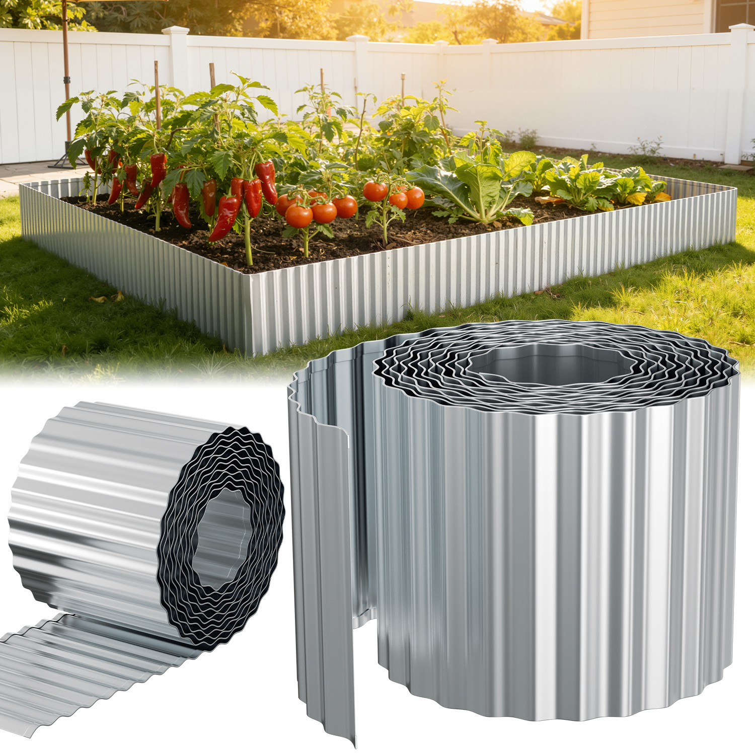 Jiubiaz Rasenkante 5m, Wellen Verzinkt Beetbegrenzung, 15cm Höhe, Raseneinfassung Ideal Für Rasenbegrenzung, Metall, Silber