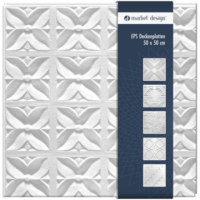 Marbet Design - Deckenplatten 50x50cm Styropor eps weiß 34 Dekore, Marbet Deckenverkleidung: Margareta - mit Überlappung, 2 m² / 8 Platten
