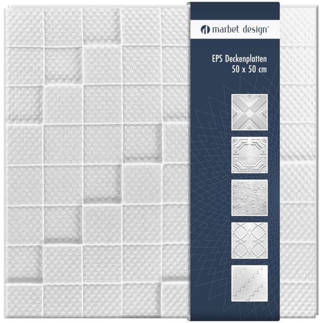 Marbet Design - Deckenplatten 50x50cm Styropor eps weiß 34 Dekore, Marbet Deckenverkleidung: Manhattan - mit Überlappung, 2 m² / 8 Platten