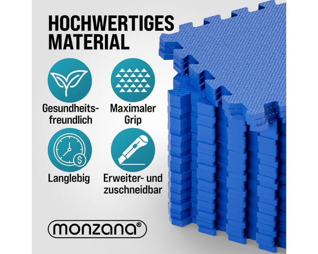 MONZANA® 32x Bodenschutzmatte für Pool & Fitness 45x45cm Rutschfest Fitnessgerät Wärmeisolierend EVA-Schaumstoff Erweiterbar Unterlage Blau