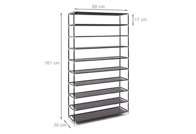 Relaxdays - Schuhschrank valentin hoch, HxBxT:161x88x30cm, Stoffbezug, 10 Ablagen, Reißverschluss, für 45 Paar, schwarz