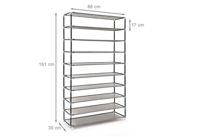 Relaxdays - Schuhschrank valentin, HxBxT:161x88x30cm, Stoffbezug, 10 Ablagen, Reißverschluss, für 45 Paar, anthrazit