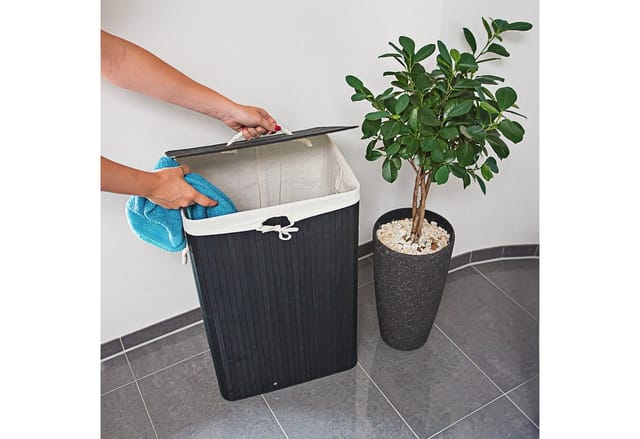 Wäschekorb Bambus, mit Deckel, rechteckig, 83 l, faltbarer Wäschesammler, hbt: 65,5 x 43,5 x 33,5 cm, schwarz - Relaxdays