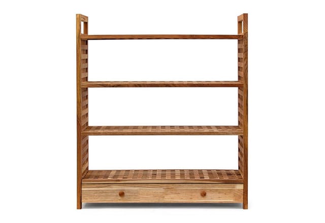 Relaxdays - Schuhregal Walnuss, HxBxT:81x70x27cm, mit Schublade, 4 Böden für 12 Paar, Holz Schuhschrank, natur