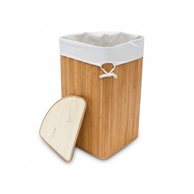 Eckwäschekorb Bambus, faltbare Wäschebox 60 l, platzsparend, Wäschesack Baumwolle, 65 x 49,5 x 37 cm, natur - Relaxdays