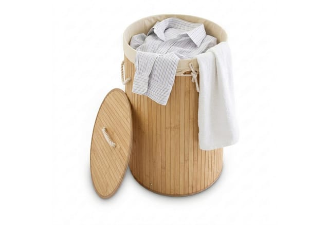 Wäschekorb Bambus, faltbare Wäschetonne mit Deckel, Volumen 70 l, Wäschesack Baumwolle, rund ø 41 cm, natur - Relaxdays