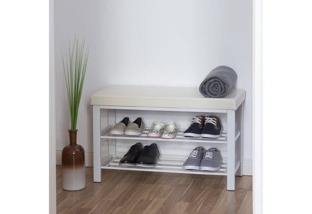 Schuhbank, 6-8 Paar Schuhe, Schuhregal zum Sitzen, Kunstleder-Polster, HxBxT: 49 x 81 x 31 cm, 2 Etagen, weiß - Relaxdays