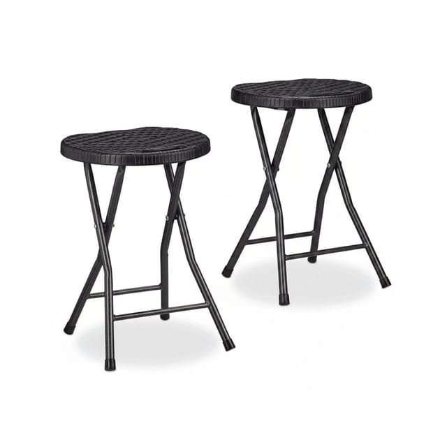 Relaxdays Klapphocker BASTIAN rund, 2 Stk. Faltbar, Kunststoff, Rattanoptik, Wetterfest HxBxT: 45 x 32,5 x 29 cm, schwarz