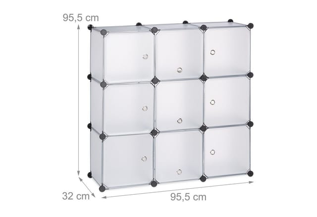 Relaxdays - Regalsystem mit Türen, Raumteiler Kunststoff, Standregal 9 Fächer, Badregal, hbt: 95 x 95 x 32 cm, transparent