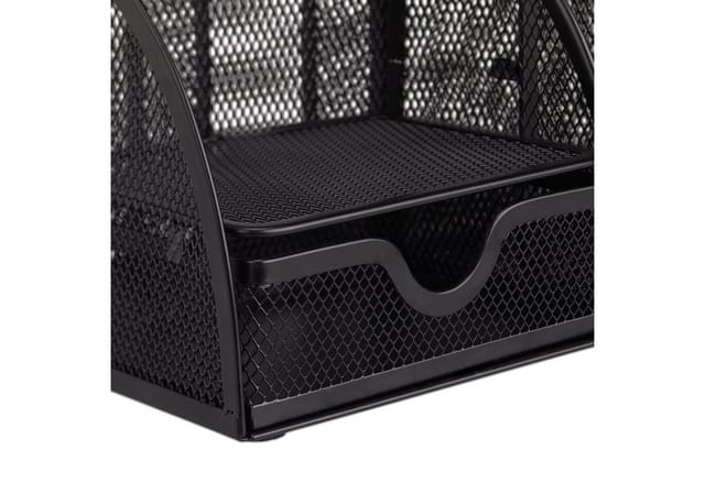 Schreibtischorganizer 6 Ablagen, kompakter Büroorganizer Metall, Schublade, Zettehalter, Stifteköcher, schwarz - Relaxdays