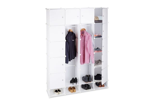 Kleiderschrank Stecksystem multifunktional, 18 Fächer, großer Kunststoff Garderobenschrank 145 x 200 cm, weiß - Relaxdays