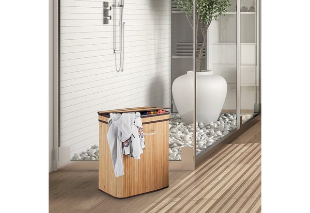 Relaxdays Wäschekorb Bambus, rechteckiger Wäschesortierer, 2 Fächer, mit Klappdeckel, platzsparend faltbar, 95 l, weiß