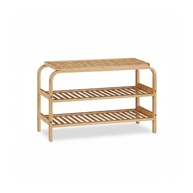Relaxdays - Schuhbank Bambus, 6 Paar Schuhe, Sitzbank Flur, Bad, 2 Ablagen, Garderobenbank HxBxT: 45 x 70 x 30 cm, natur