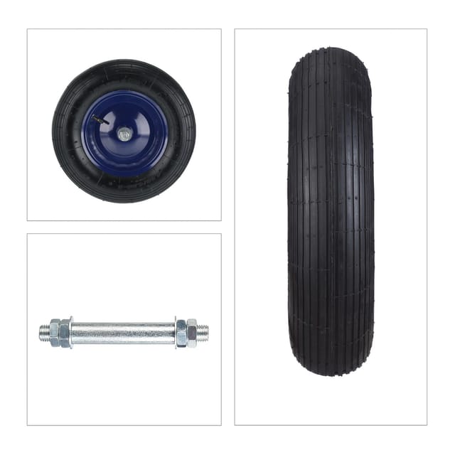 Relaxdays - Schubkarrenrad 4.80 4.00-8, luftbereift, Stahlfelge, mit Achse, Ersatzrad Schubkarre, bis 120 kg, schwarz/blau