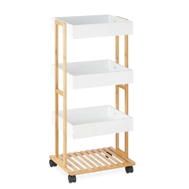 Servierwagen, Bambus & mdf, Küchenwagen mit 4 Etagen, Rollwagen, Küche & Bad, hbt: 88 x 40 x 30 cm, natur/weiß - Relaxdays