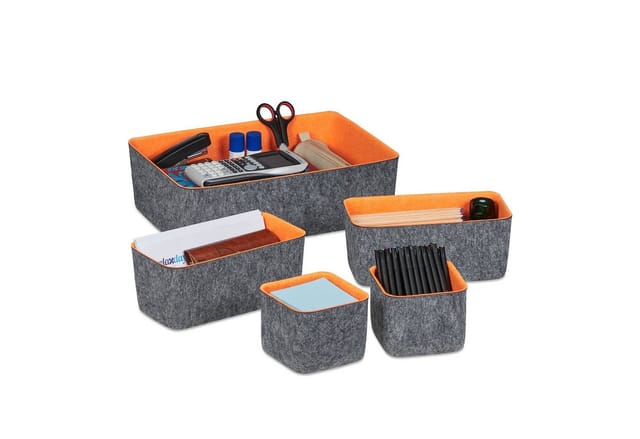 Schubladen Organizer Filz, 5-teiliges Ordnungssystem für Schreibtisch, 3 Größen, Filzkörbchen, grau/orange - Relaxdays