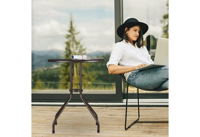 Gartentisch rund, Rattan Optik, Balkontisch klein, Kunststoff und Metall, Bistrotisch, HxD: 74x60 cm, braun - Relaxdays