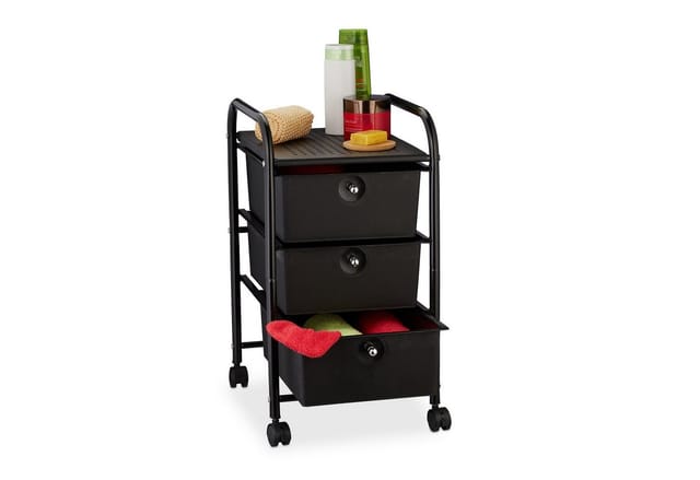 Relaxdays - Badrollwagen, 3 Schubladen, Metall & Kunststoff, Rollcontainer Bad, Kosmetik, HxBxT: 60 x 33 x 39 cm, schwarz
