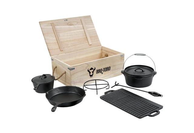 7-teiliges Dutch Oven Set in Holzkiste mit Zubehör, gusseisen - bereits eingebrannt - Bbq-toro