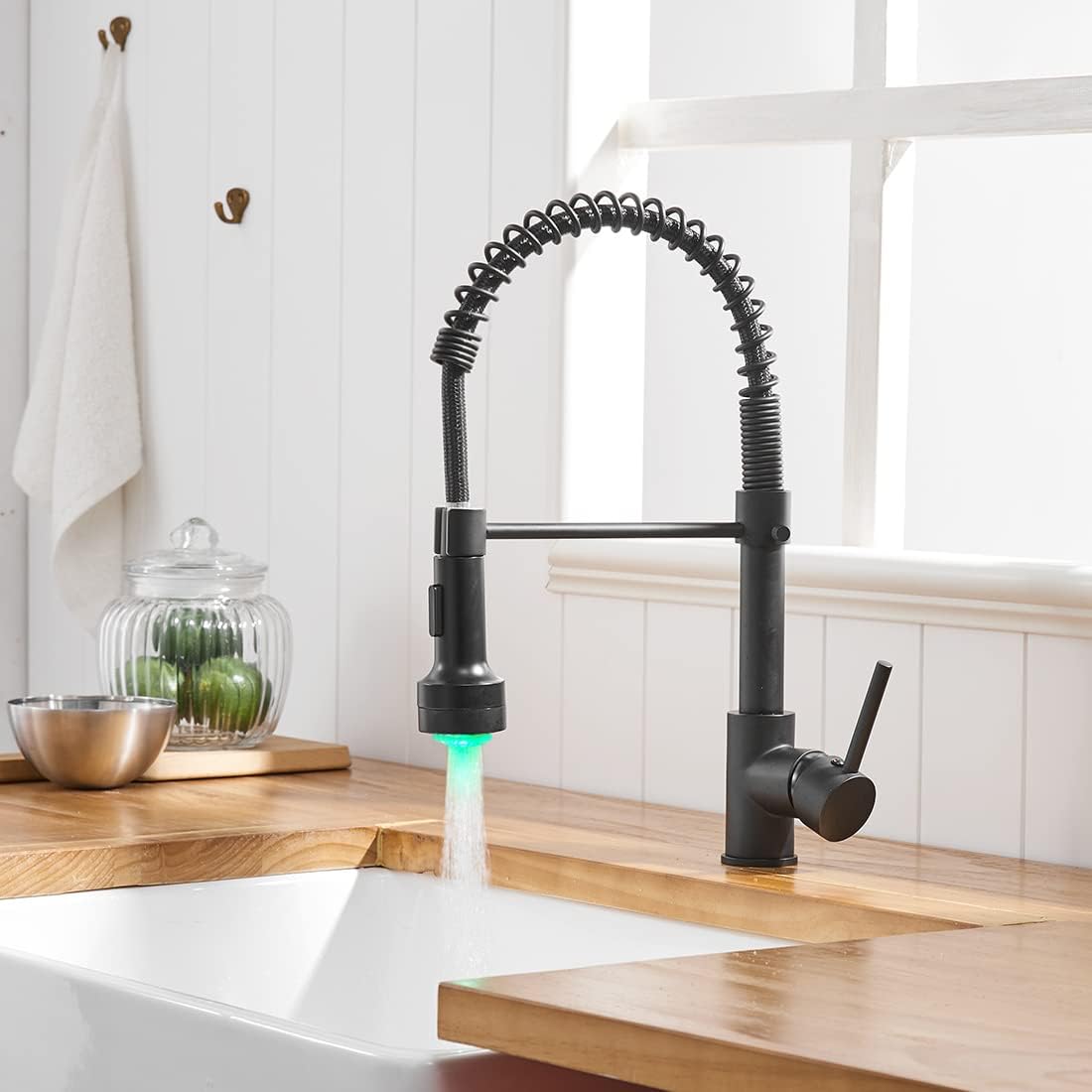 Robinet De Cuisine Noir Avec Ressort Spiralé, Robinet De Cuisine, Robinets D'Évier Pivotants À 360°, Douchette Extractible, Haute Pression