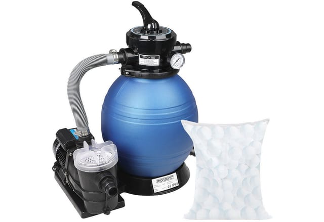 MONZANA® Sandfilteranlage 9.600 L/h Vorfilter 25 Liter Tank 7 Wege Ventil mit 1000g Filterbälle bis 24.000L Pool Filteranlage Filterkessel Poolpumpe