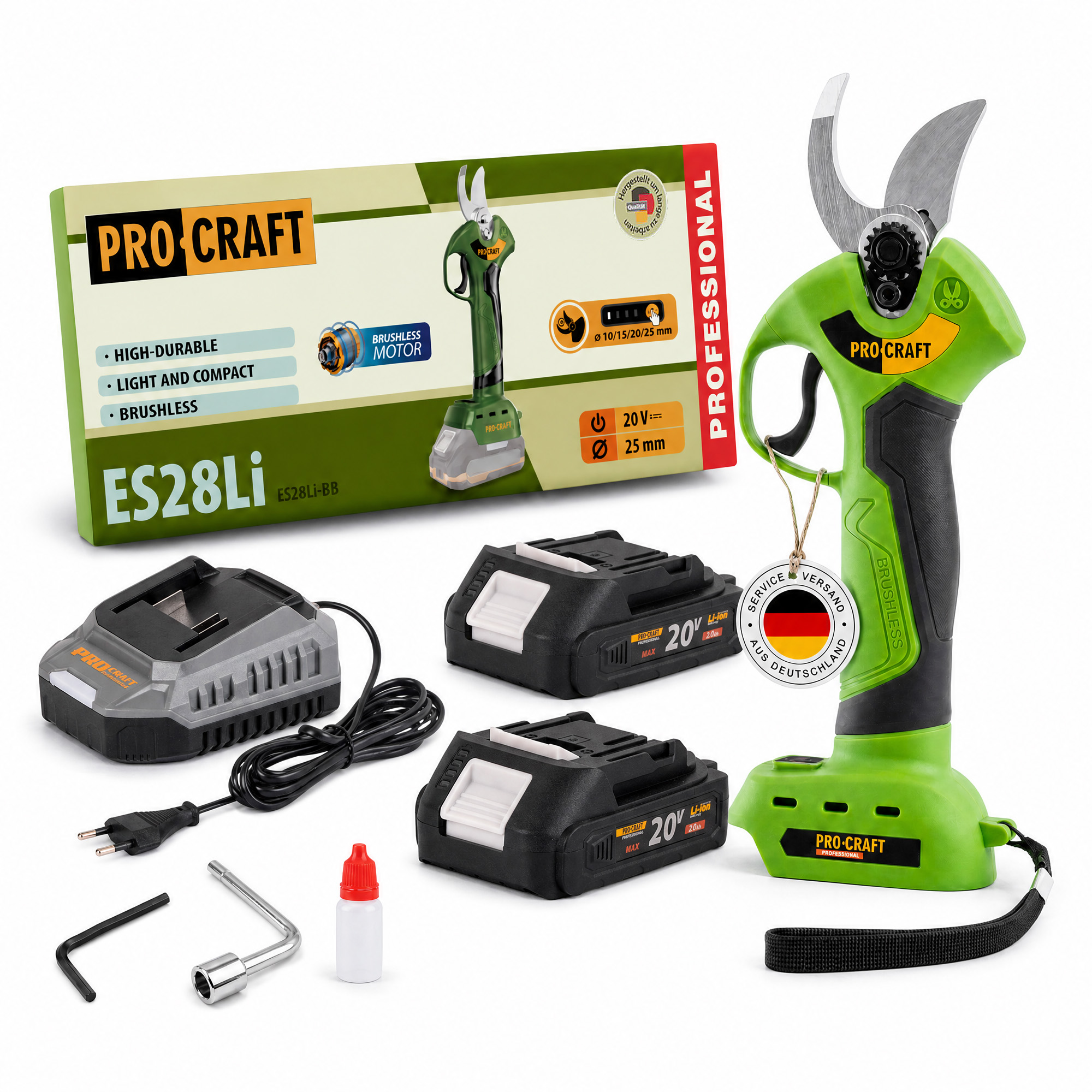 Procraft Es28li Bb Akku Astschere Gartenschere 20 V 25 Mm + 2x Akku 2,0 Ah + Ladegerät