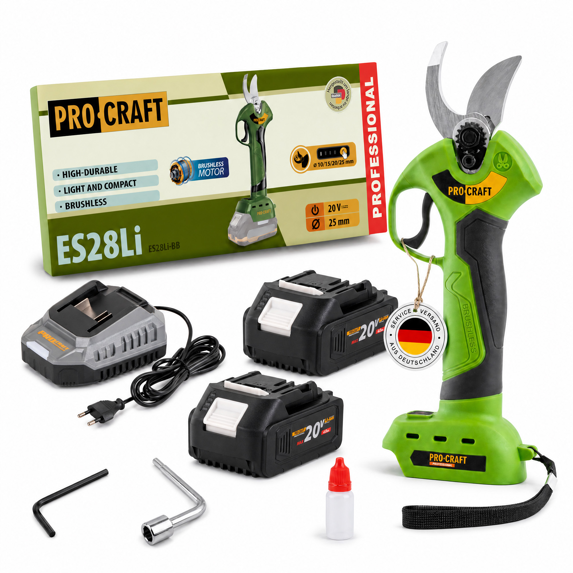 Procraft Es28li Bb Akku Astschere Gartenschere 20 V 25 Mm + 2x Akku 4,0 Ah + Ladegerät