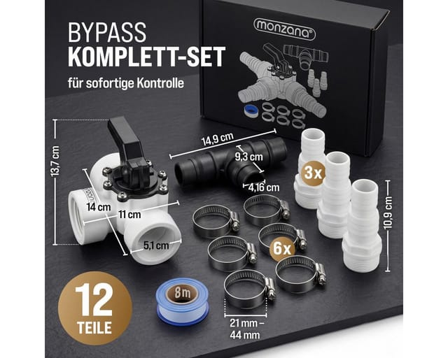 Monzana - Bypass Set Pool 12-teilig 3 Wege Ventil Anschluss ø 32/38mm inkl. Schlauchschellen Sandfilteranlagen Poolheizung Wärmepumpe Solarheizung