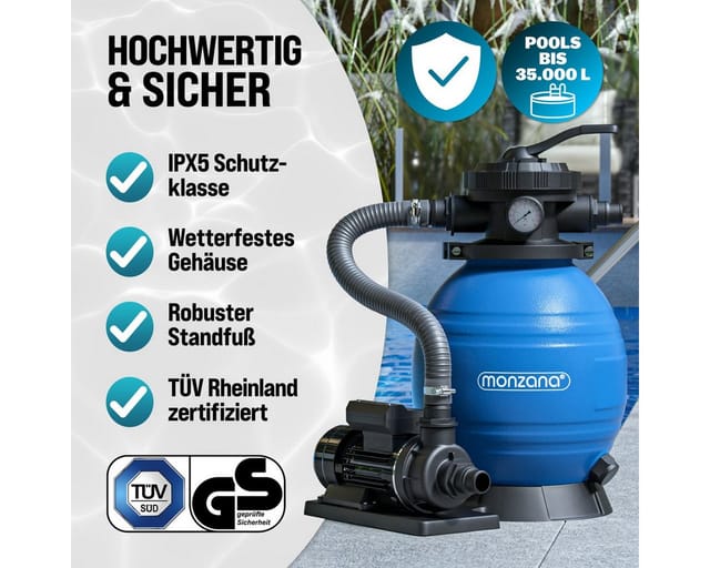 MONZANA® Sandfilteranlage SF12K 10.200L/h bis 35.000L Pool inkl Filterglas 7 Wege Ventil 2in1 Adapter Ø32-38mm 400W Filteranlage Pumpe Filterkessel