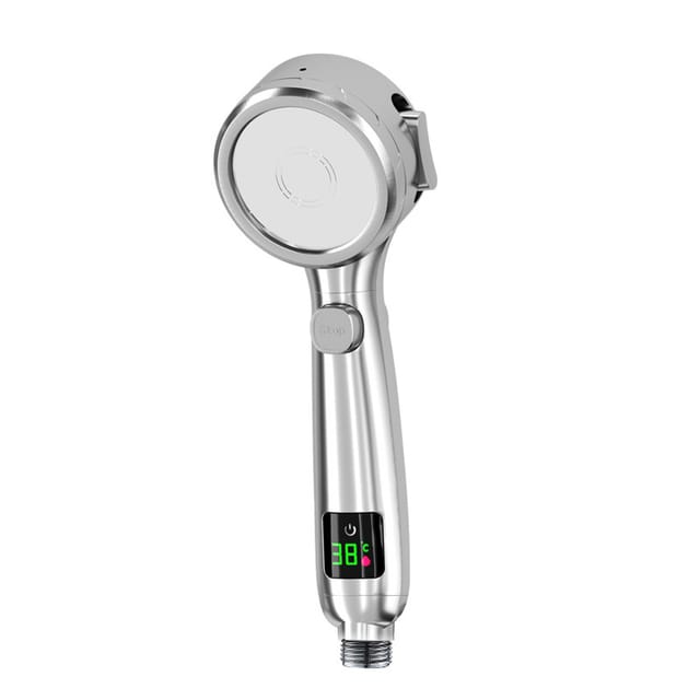 Duschkopf mit digitaler Temperatur, wassersparender Duschkopf, vier Regenduschmodi, ein Schlüsselschalter für Erwachsene, Kinder und Haustiere, Silber