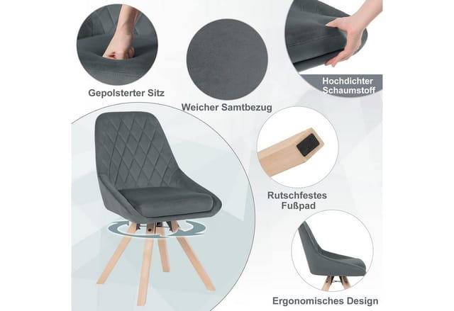 WOLTU 2er Set Esszimmerstühle, Drehstuhl, Küchenstuhl drehbar, Polsterstuhl mit Samtbezug, Wohnzimmerstuhl, Design Stuhl, Beine aus Buchenholz,