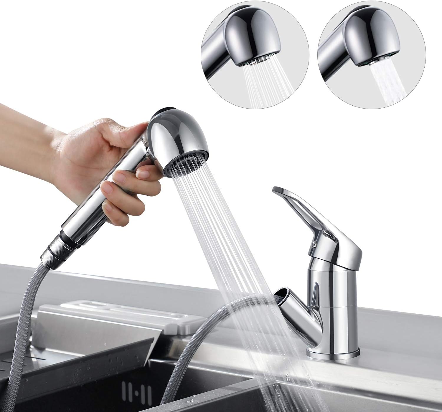 Robinet De Cuisine Avec Douchette Extractible, Mitigeur De Cuisine Pivotant À 360° Avec 2 Fonctions, Robinet De Cuisine Chromé À Levier Unique