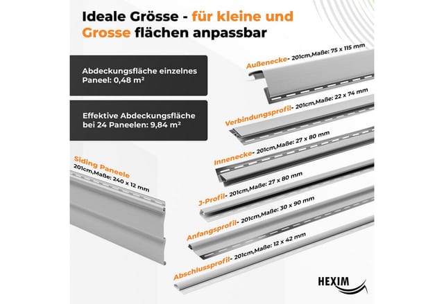 Hexim - Siding Fassadenverkleidung Fassadenpaneele außen Außenwand wetterfest UV-beständig pvc-u: Weiß, J-Profil