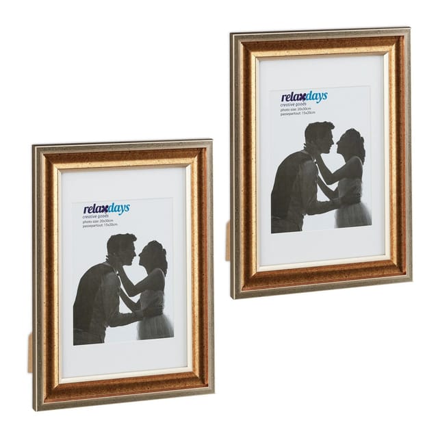 Relaxdays Bilderrahmen 2er Set, 20x30 cm, Hoch- & Querformat, Fotorahmen zum Aufhängen, Hinstellen, Passepartout, gold