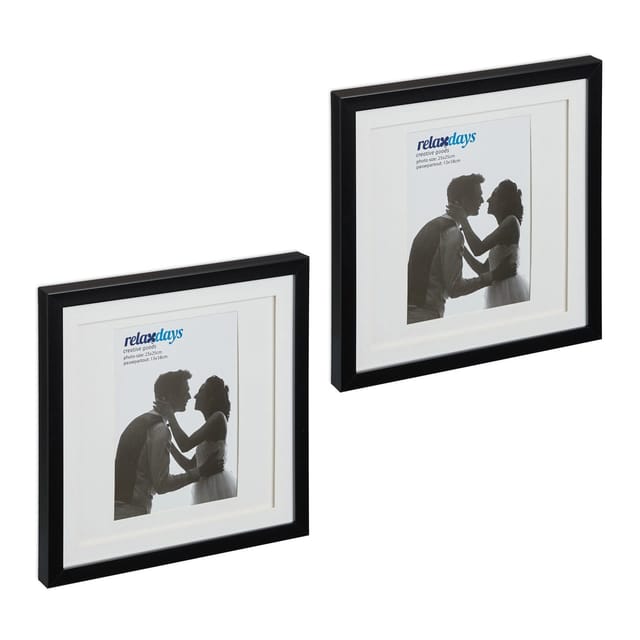 Relaxdays Bilderrahmen 2er Set, 25x25 cm, quadratisch, Fotorahmen zum Aufhängen oder Hinstellen, Passepartout, schwarz