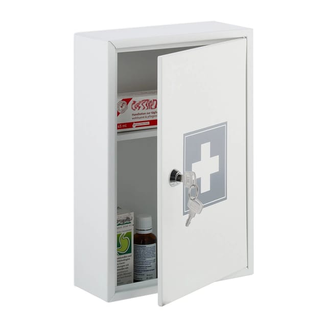 Medizinschrank, abschließbar, 2 Fächer, HxBxT: 32x21,5x8 cm, für Medikamente, Arzneischrank hängend, weiß/grau - Relaxdays