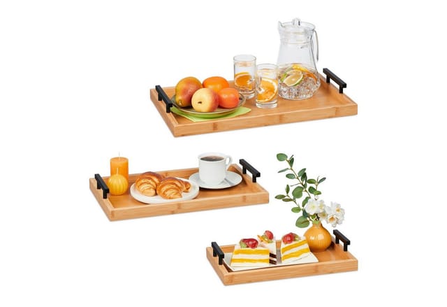 Relaxdays Tablett 3er Set, Bambus, versch. Größen, Serviertablett, Griffe, hoher Rand, Küchentablett rechteckig, natur
