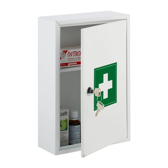 Relaxdays Medizinschrank, abschließbar, 2 Fächer, HxBxT: 32 x 21,5 x 9,5 cm, für Medikamente, Arzneischrank, weiß/grün
