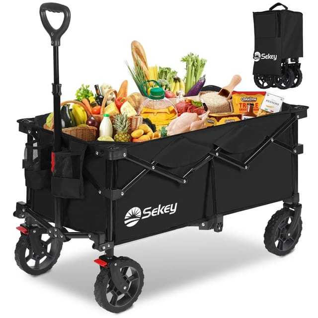 Sekey 150KG Bollerwagen Faltbar Handwagen mit Bremsen und normalen Reifen, 4-fach zusammenklappbares Design, Schwarz