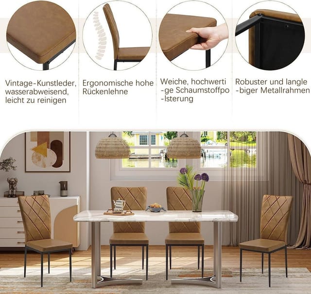 Esszimmerstühle 4er Set, Küchenstuhl Kunstleder, Mit Hoher Rückenlehne, Polsterstuhl Mit Metallbeinen, Für Esszimmer Esstisch Küche Wohnzimmer Büro, Vintage, Dunkelbraun - Woltu