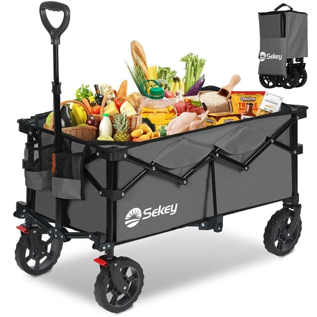Sekey 150KG Bollerwagen Faltbar Handwagen mit Bremsen und normalen Reifen, 4-fach zusammenklappbares Design, Anthrazit