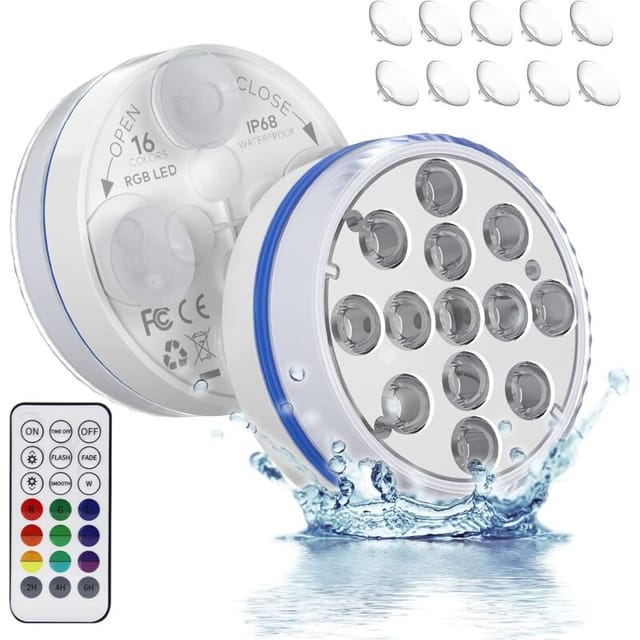 Vtizikl 2 Lumière Led Submersible, Deefsoul Lumiere De Piscine Led Avoir 13 Perles De Lampe Led, Aimant En Forme De Croix, 4 Ventouses, 16 Modes D'Éclairage Rgb, Minuterie, Étanche Ip68 Avec Télécomma