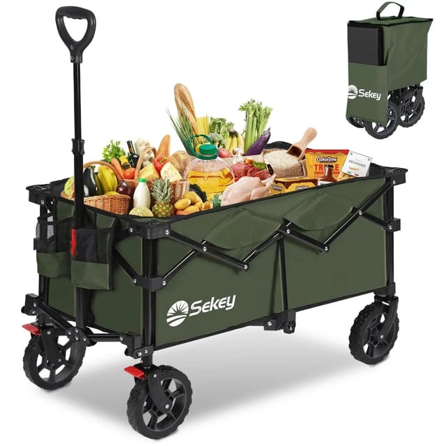 Sekey 150KG Bollerwagen Faltbar Handwagen mit Bremsen und normalen Reifen, 4-fach zusammenklappbares Design, Olivgrün