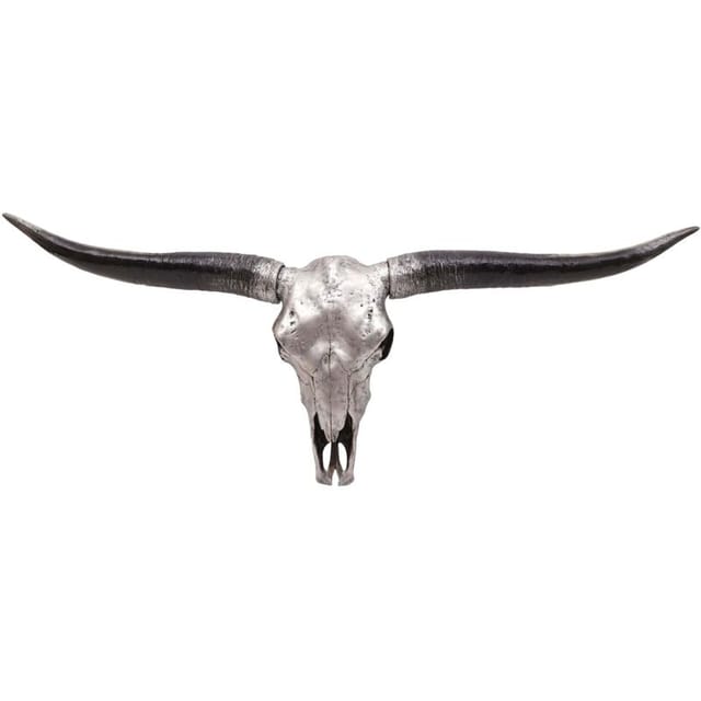 HHG - neuwertig] Deko Schädel 132cm 118, Polyresin Stier Bulle Longhorn Kopf Trophäe, In-/Outdoor silberfarben